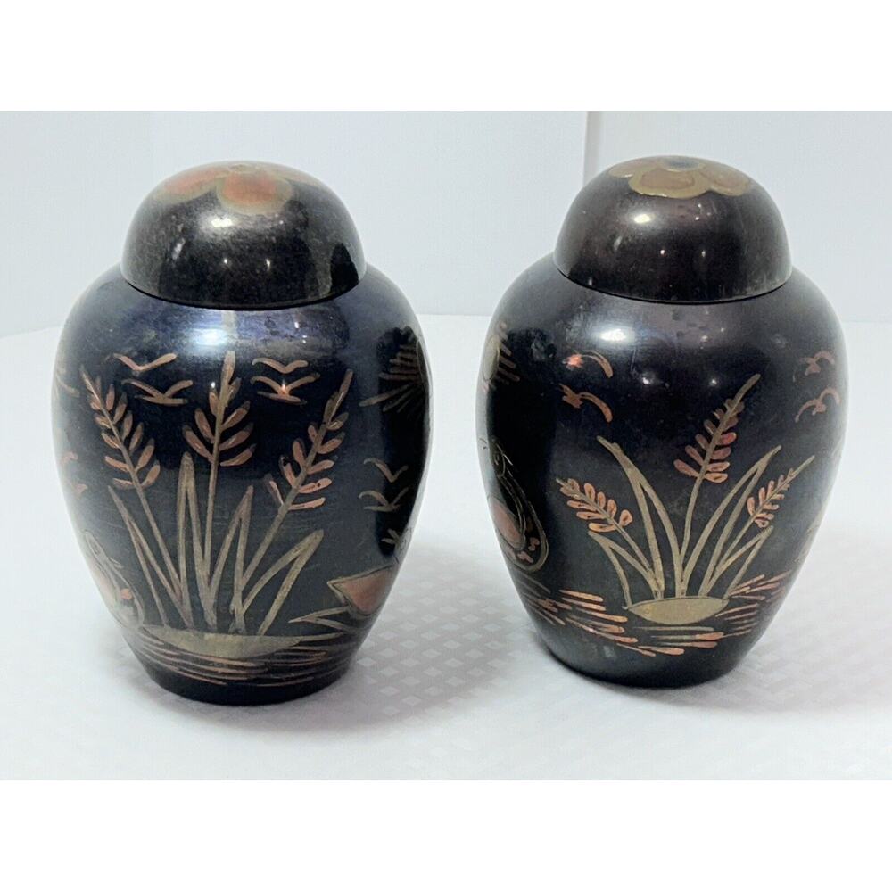 2 Vintage Tricolor Brass Swan Ginger Jar Urn Metal Lake Scene Asian Sunset India - Picture 4 of 13